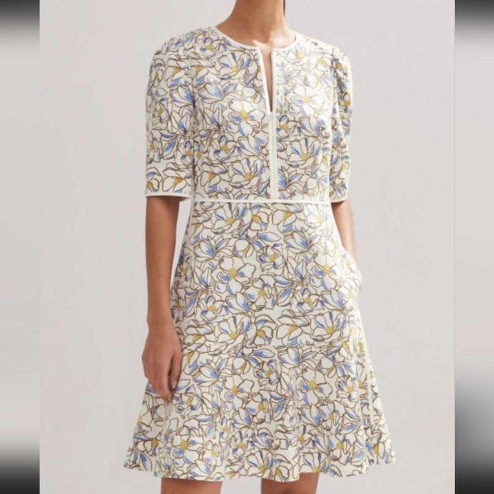 NWT Me+Em Dress Women's 12 Cream Floral Cotton Jacquard Fit & Flare Knee Length
